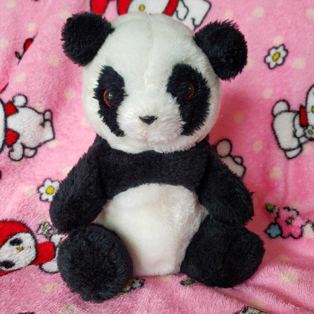 Vintage Panda Bear Plush Sitting Black White Stuffed Animal Hanging Loop 9.5"